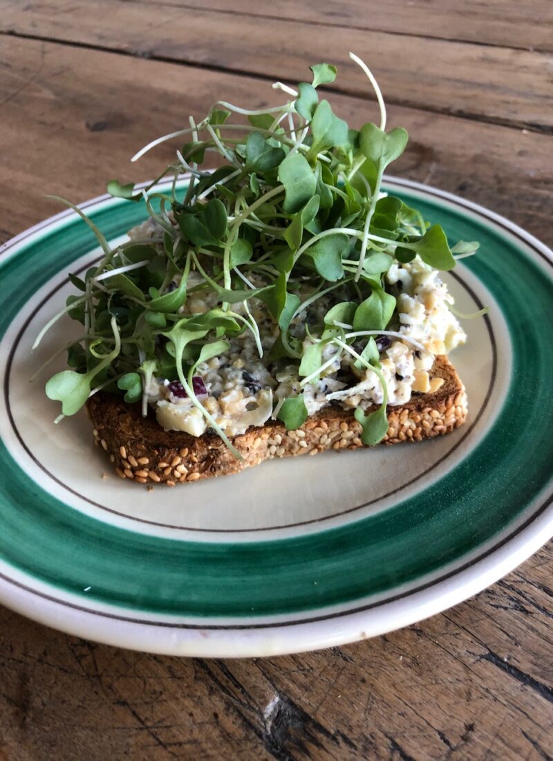 Vegan tuna salad served on a piece of toast.