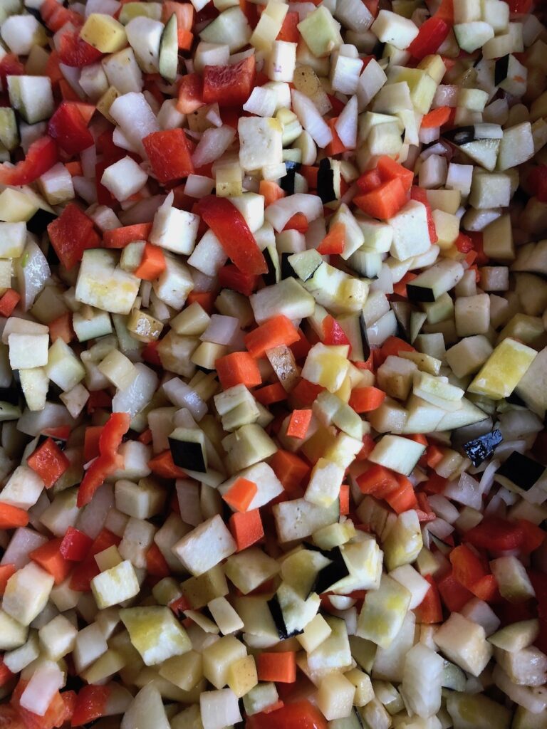 Vegetables in a pan ready to roast