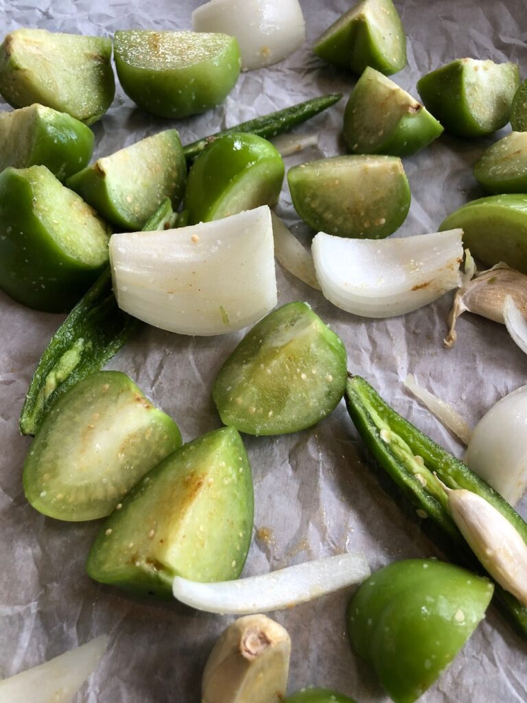 Roasting the tomatillos for the salsa verde recipe.