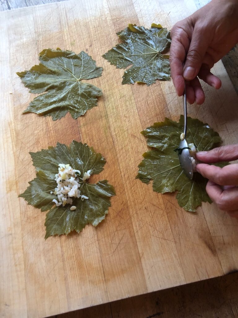 Laying out the Grape Leaves and Adding the Filling.