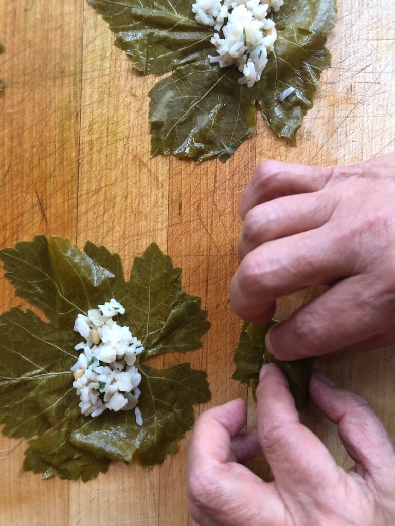 Rolling the Stuffed Grape Leaves