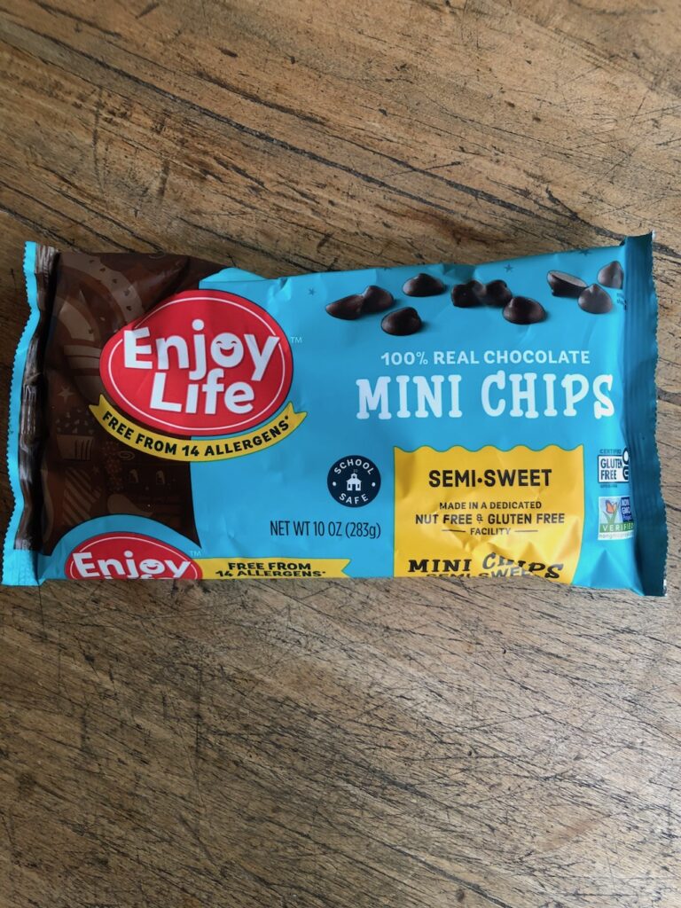 A package of vegan chocolate chips by Enjoy Life.