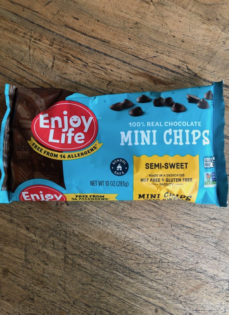 A package of vegan chocolate chips by Enjoy Life.